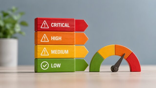 Enterprise risk assessment and regulatory compliance evaluation concept showing risk level gauge from critical to low with wooden indicator arrows