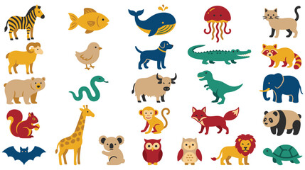 Fototapeta premium Collection of diverse animals and wildlife characters, cartoon style.