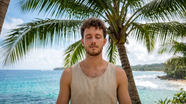 Man Meditating Peacefully by Tropical Ocean Under Palm Trees