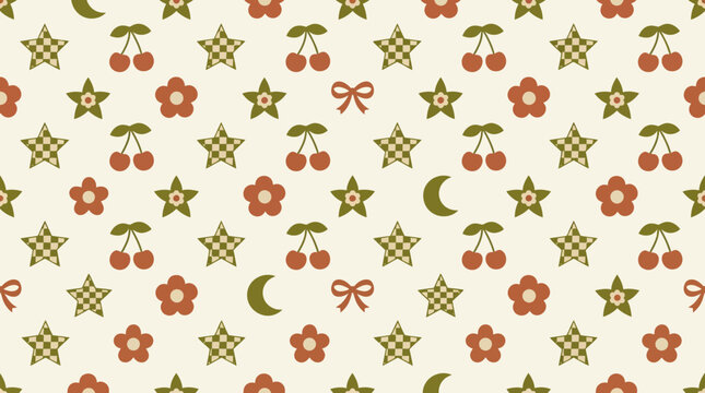Retro Cherry Flower Star Moon Bow Pattern
