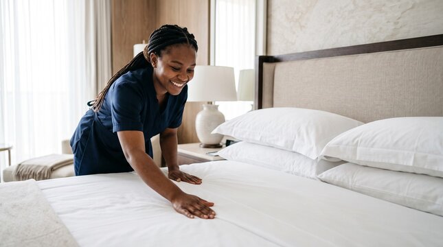 Smiling housekeeper making a bed in a hotel room with white linens and pillows
