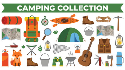 Fototapeta premium Camping equipment and outdoor adventure vector kit for hiking trips.