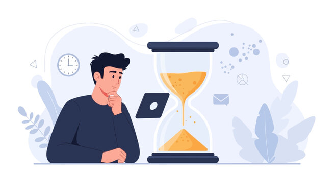 Man thinking about time management, planning, and deadlines with an hourglass and digital tablet.