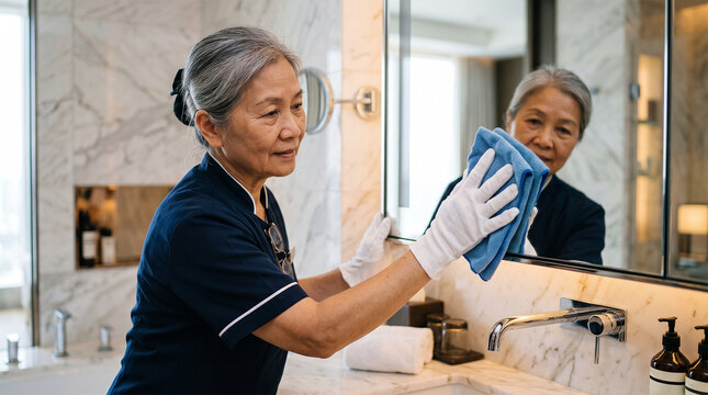 Elderly Asian woman in uniform cleaning a hotel bathroom mirror with a blue cloth and white gloves
