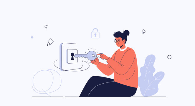 Person inserting key into lock, vector illustration representing security, access, and problem-solving in modern design style.