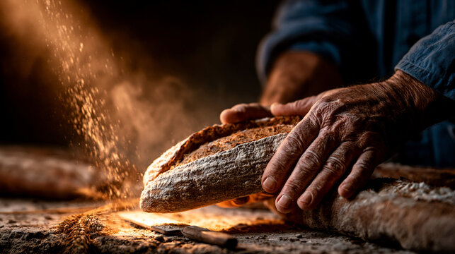 Artisanal baker dusting fresh bread with flour in rustic kitchen, the image captures
