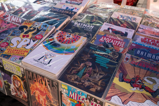 Zapopan Jalisco, Mexico - July 18, 2026: Various vintage comic books displayed for sale at a street market in Zapopan, Mexico.