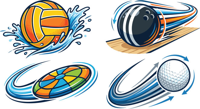 Dynamic vector illustration set of sports balls in motion including volleyball, bowling ball, and golf ball
