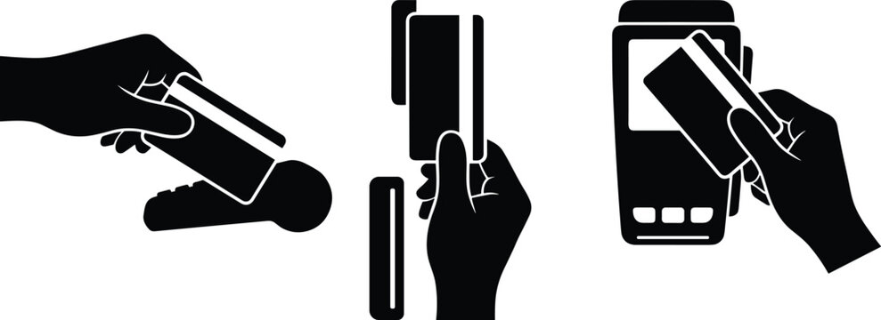 Minimalist black and white vector icon of a hand inserting credit card into payment terminal