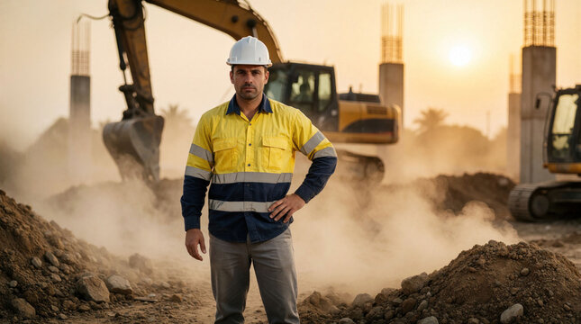 Construction worker wearing white hard hat plus high visibility shirt stands on dusty building site. Man pauses during work shift at industrial project near heavy yellow machinery at sunset. Builder