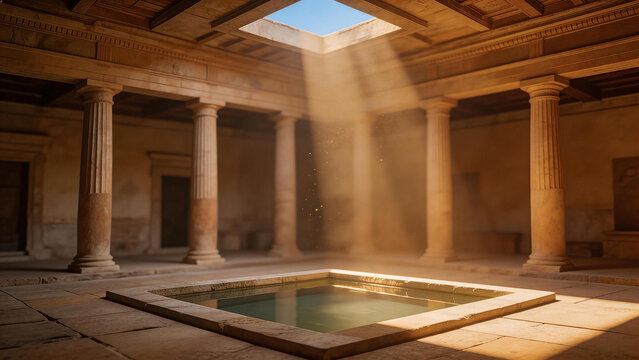 Ancient columned hall with water pool