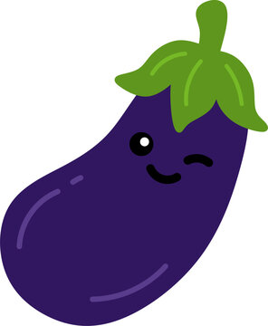 Cute winking purple eggplant vector illustration with a green stem
