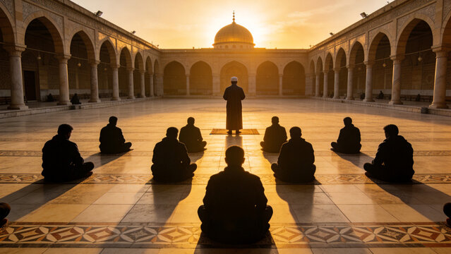 Men praying in mosque courtyard at sunset