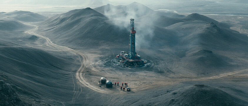 Desert Landscape with Oil Drilling Technology and Heavy Machinery - Remote Mountainous Exploration Site with Geothermal Potential