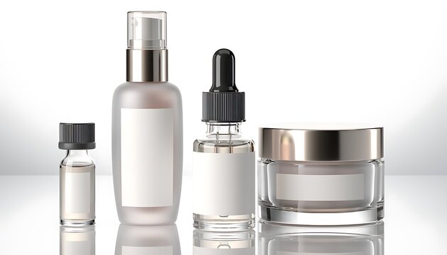 Elegant collection of blank cosmetic and skincare product packaging, including pump bottles, dropper vials, and cream jars, showcasing customizable branding potential on a pristine white background