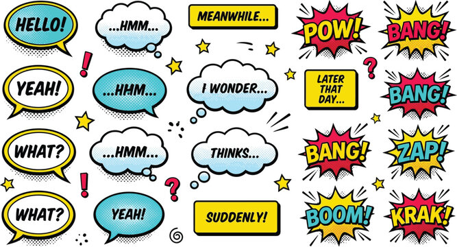 Vintage Pop Art Comic Book Speech Bubbles and Action Sound Effects Set. Includes Thinking Clouds, Exclamation Marks, and Words Like Bang, Boom, Zap, Pow. Retro Vector Illustration.