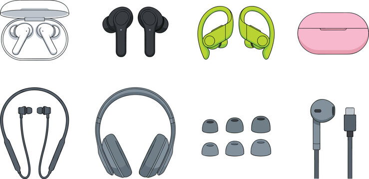 Wireless Earbuds and Headphones Vector Icon Set Featuring Bluetooth Earphones Charging Cases Neckband Over Ear Headset Tips and Type C Audio Cable Designs