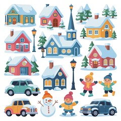 Naklejka premium Winter village vector illustration set. Snowy houses and happy children playing outside.