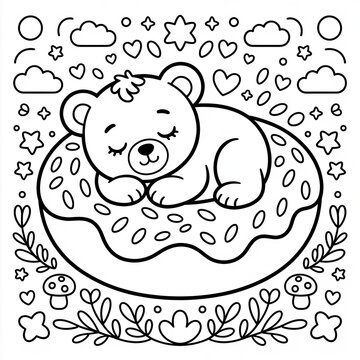Cute bear sleeping on a donut coloring page. Kawaii animal line art for kids activity book.