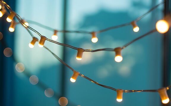 Warm glowing string lights with blue bokeh background for festive celebration