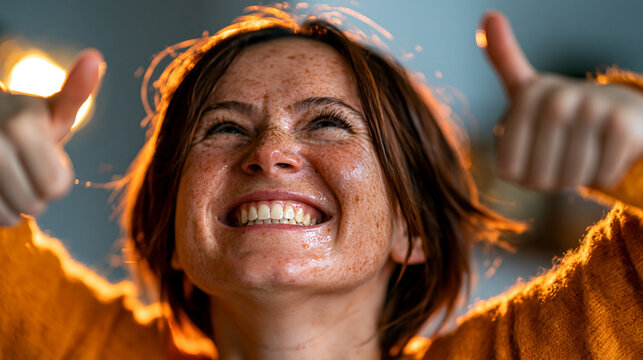 Excited woman smiling broadly and gesturing thumbs up in indoor setting with celebrating