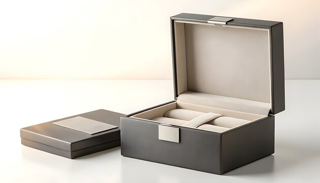 Empty open leather jewelry and watch organizer box with closed lid on white background