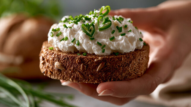 Fresh herb cream cheese spread on toasted whole grain rye bread held in hand