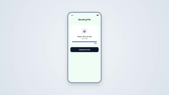 Smartphone interface animation showing file upload progress bar and copy link button mobile app UI mockup