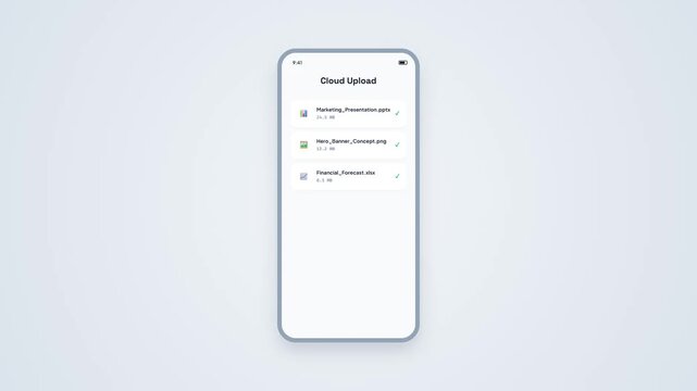 Smartphone displaying animated cloud upload file list interface minimal vector UI mockup for mobile application design showcase