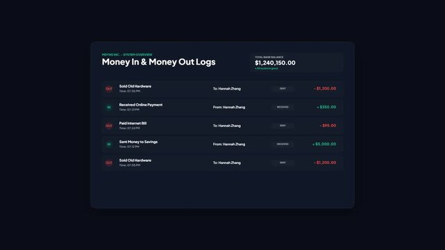 Financial Transaction History Logs UI Dashboard Animation, Dark Mode Interface Design for Tracking Online Payments, Invoices, and Account Balance Analytics