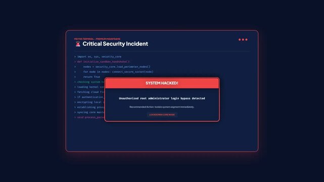 Cyber Security Command Terminal Screen Showing System Hacked Unauthorized Admin Login Alert Notification