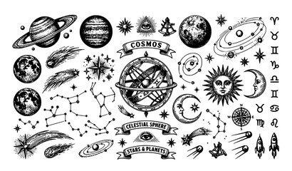 Vintage Engraving Style Space Illustration Set © Md Monirul