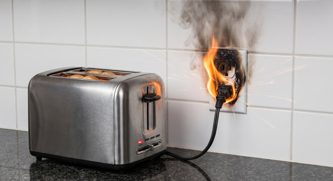 Electrical outlet sparks and burns with toaster plugged in, fire hazard on kitchen counter.
