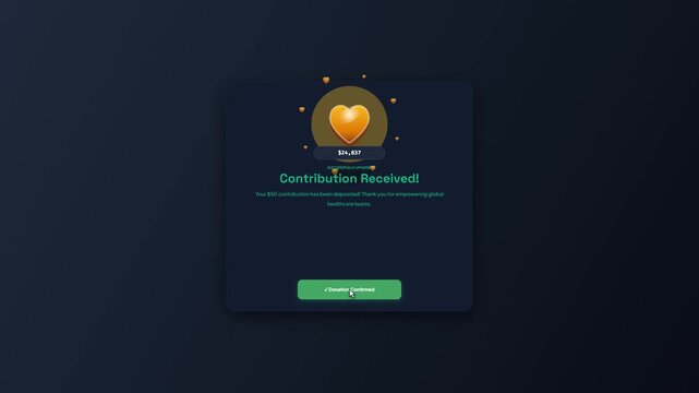Charity Campaign Donation Funds Raised Interface Popup with Golden Heart Icon Animation