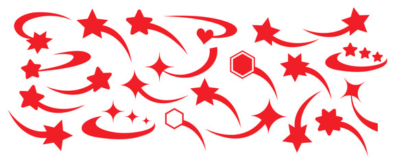 Red shooting stars and comet set with curved trails on transparent background © Musa
