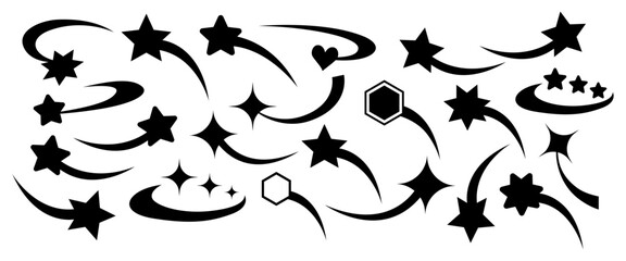 Black shooting stars and comet set with curved trails on transparent background © Musa