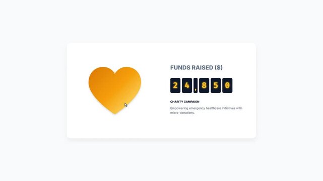 Charity Campaign Funds Raised Counter Animation with Heart Icon and Odometer Number Ticker Card UI