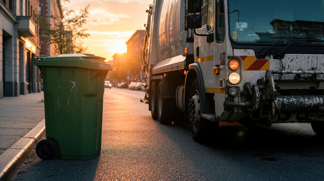 Green plastic rubbish bin sits on city street sidewalk next to large garbage collection truck. Municipal sanitation worker vehicle performs daily refuse cleanup service during golden hour sunset.
