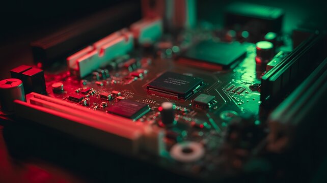 Close up of computer motherboard with processor and electronic components in futuristic lighting