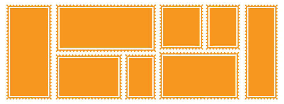 Set of eight blank orange postage stamp frames with serrated edges on transparent background