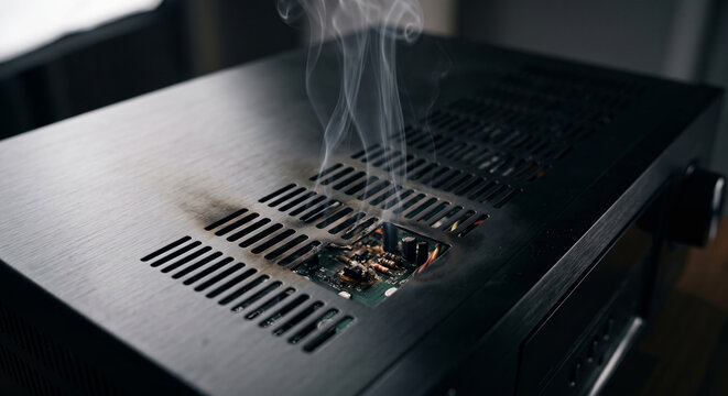 Audio amplifier overheating with smoke rising from circuit board through vents.