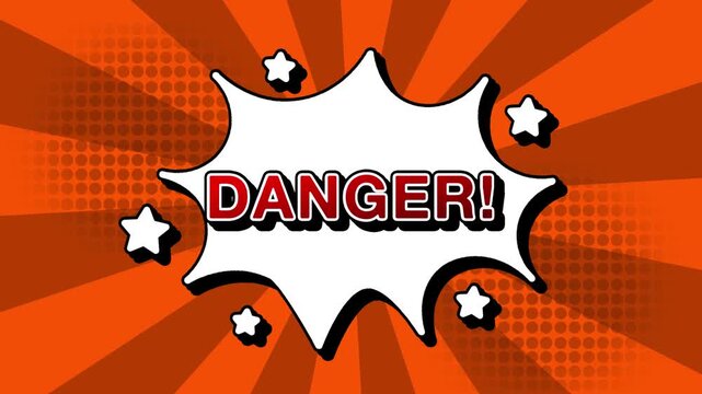 Danger text word lettering popup comic cartoon reveal with bomb and smoke explosion manga anime book page dots with radial speed lines doodle orange background with seamless loop animation retro