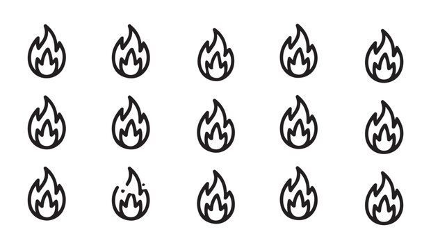 Set of black line flame icons, hot fire icon, ignite danger or heat symbol, simple vector illustration.