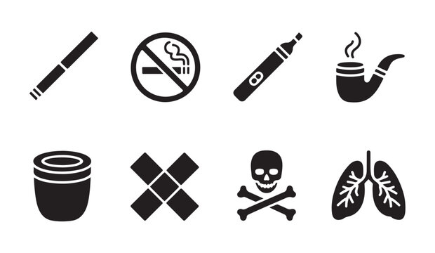 Set of black silhouette smoking symbols, no smoking sign, tobacco, pipe, vape, cigarette vector icons.