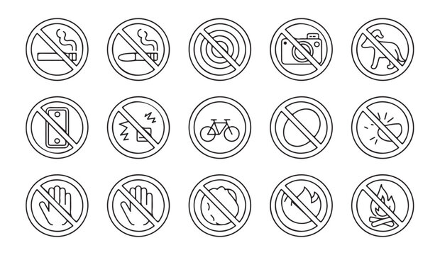 Set of black line prohibition signs, forbidden symbols, no smoking, no photo, no dogs, warning vector.