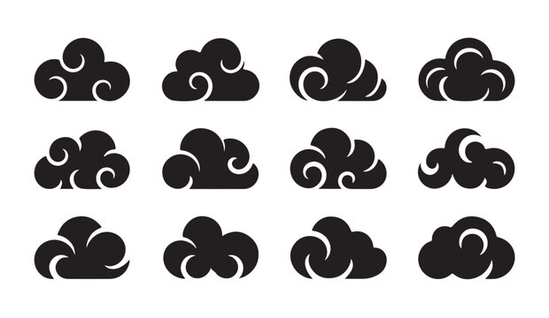 Set of black silhouette cloud icons, traditional asian cloud, oriental swirl, decorative element vector.