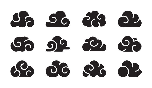 Set of black silhouette cloud icons, traditional asian cloud, oriental swirl, decorative element vector.