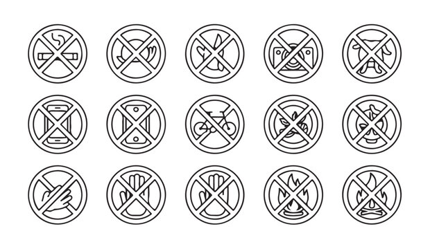 Collection of prohibition signs with crossed out elements for no smoking no phone no camera no animals no entry.