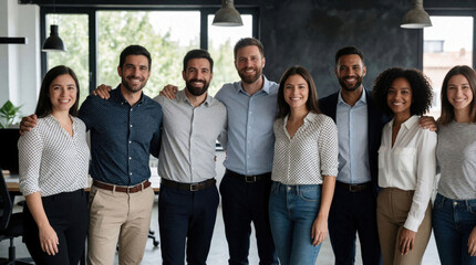 Fototapeta premium Diverse professional team stands together inside modern office after successful project pitch. Happy male, female colleagues celebrate goal achievement with smiles. Multiethnic business group shows