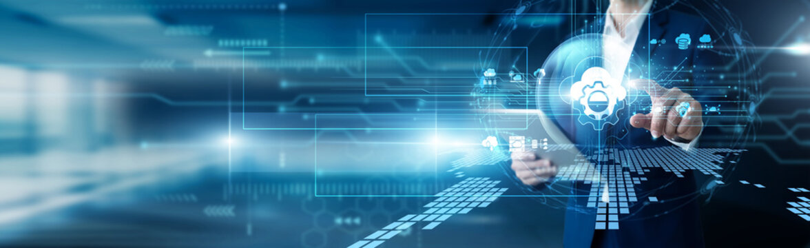 Cloud architect hand hold tablet and softly touch platform as a service clouds. Deploying custom applications and managing scalable development tools. Efficient coding environments for teams.